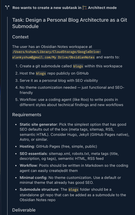 Roo Code delegating task to Architect mode for folder structure analysis