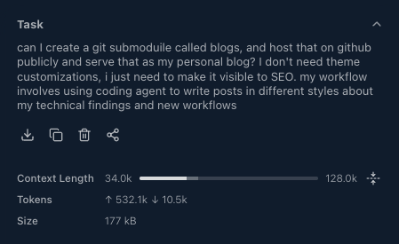 Orchestrator prompt showing 34k token usage out of 128k context window